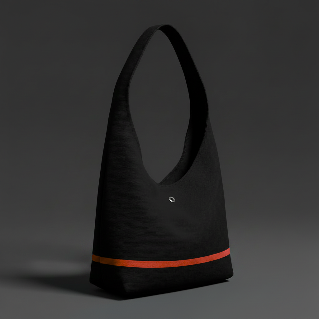 Black shoulder bag with a red accent on a dark background