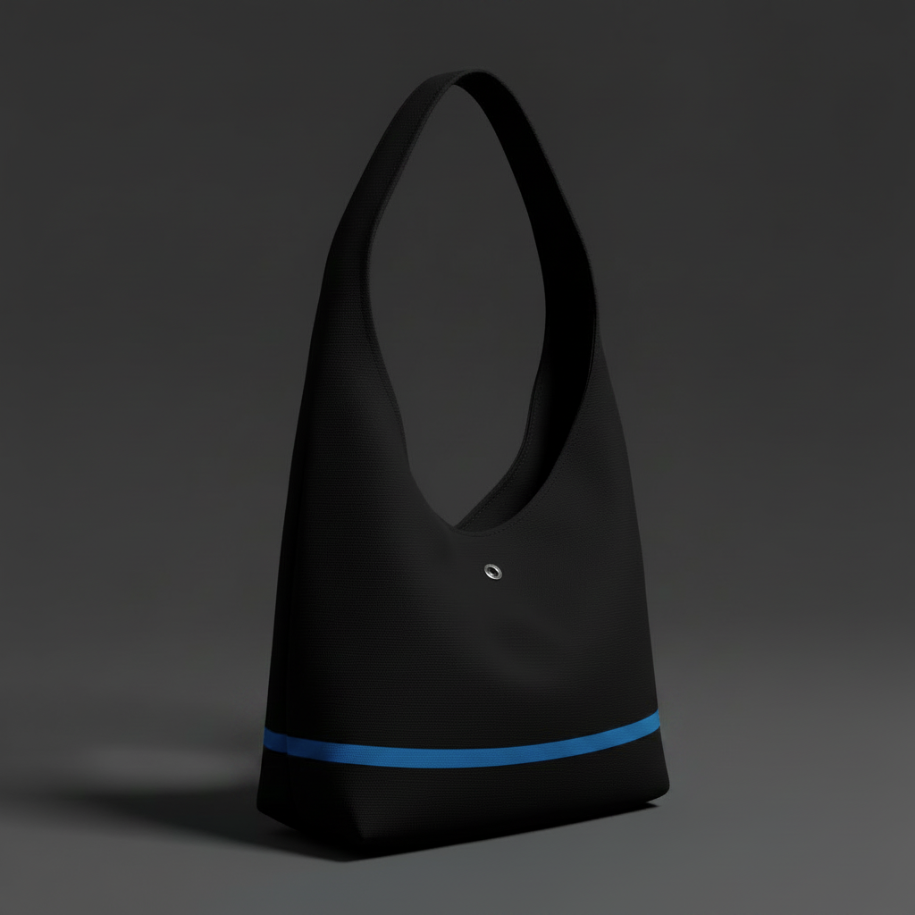 Black shoulder bag with a blue strip on a dark gray background