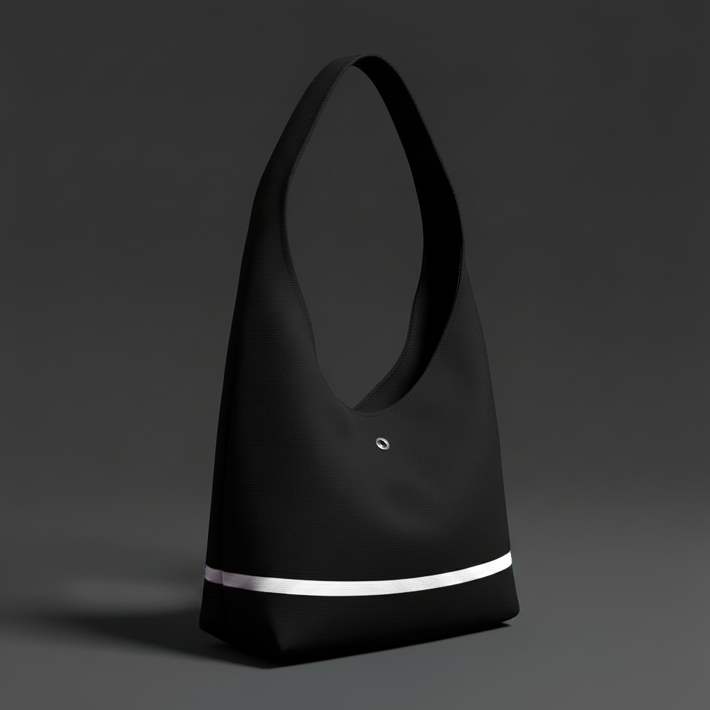 Black tote bag with a white strip on a dark background