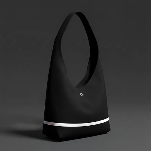 Black tote bag with a white strip on a dark background
