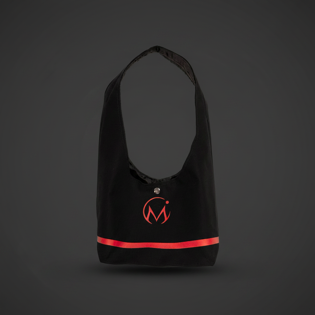 Black bag with a red logo on a dark gray background