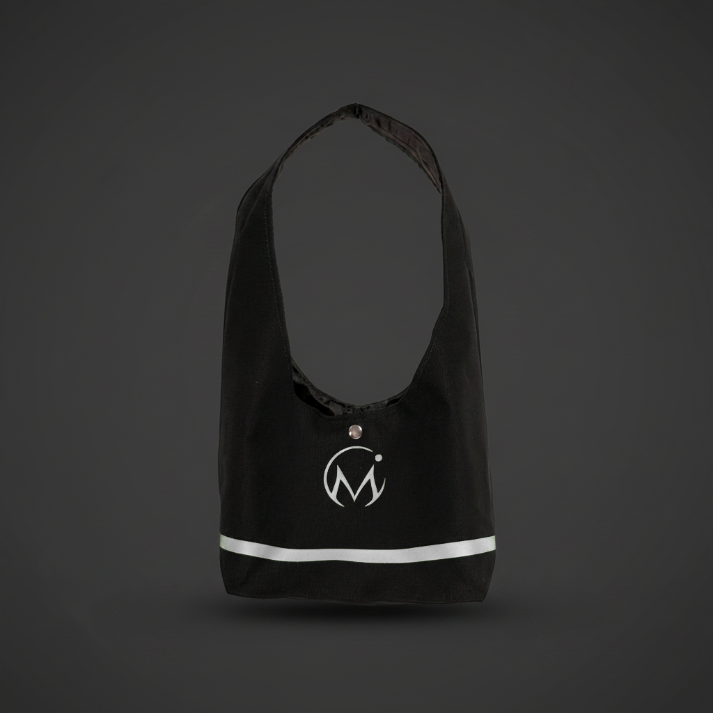 Black bag with a white logo on a dark gray background