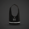 Black bag with a white logo on a dark gray background