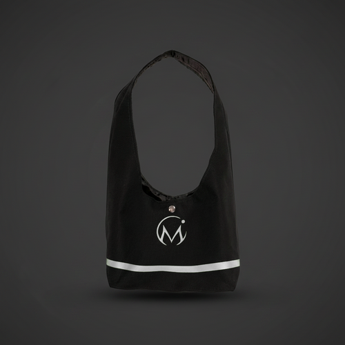 Black bag with a white logo on a dark gray background