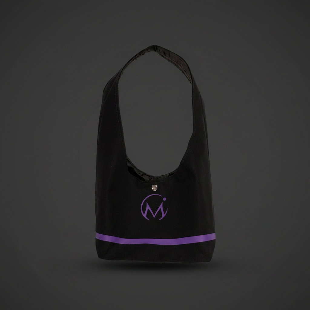 Black bag with a purple logo on a dark gray background