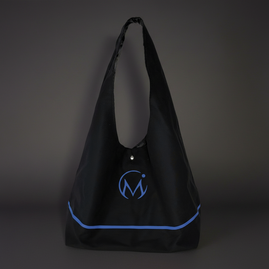 Black tote bag with blue accents and logo on a dark background