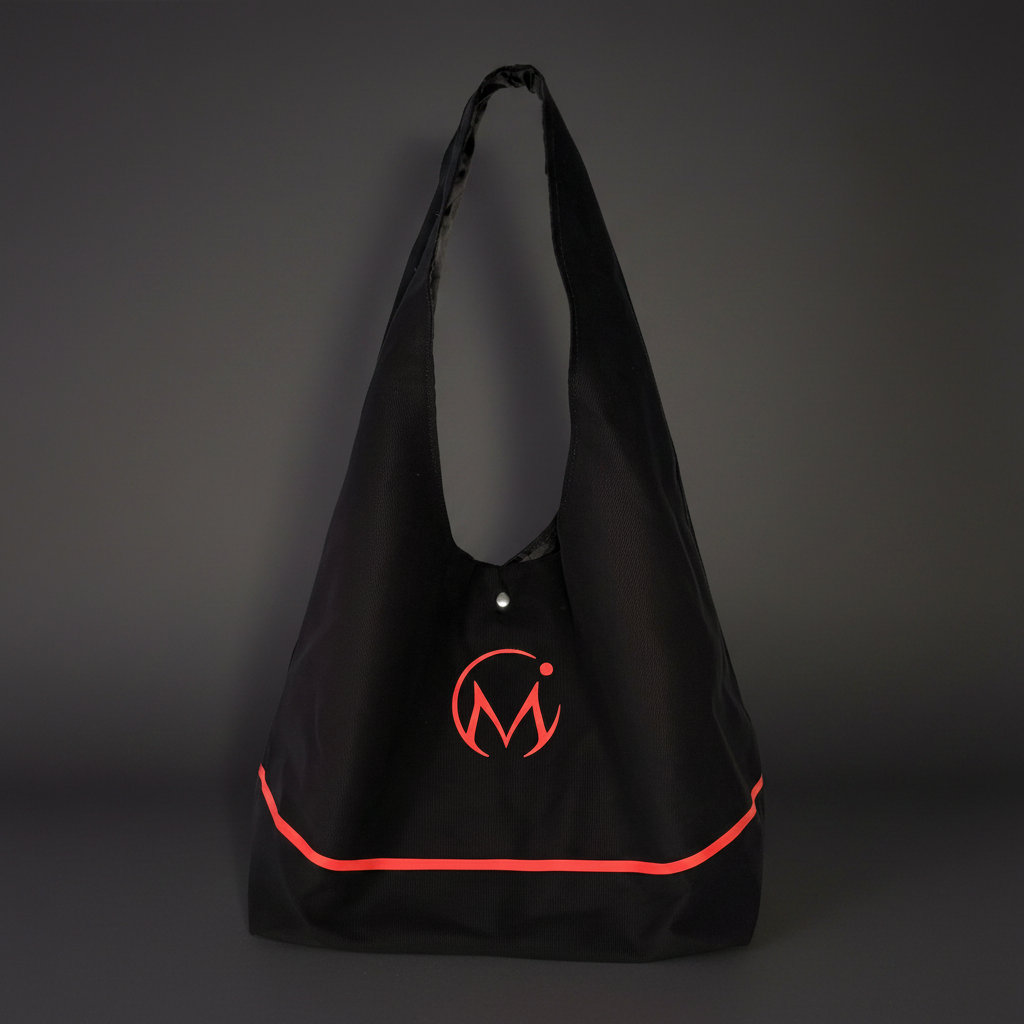 Black tote bag with red accents and a logo on a dark background