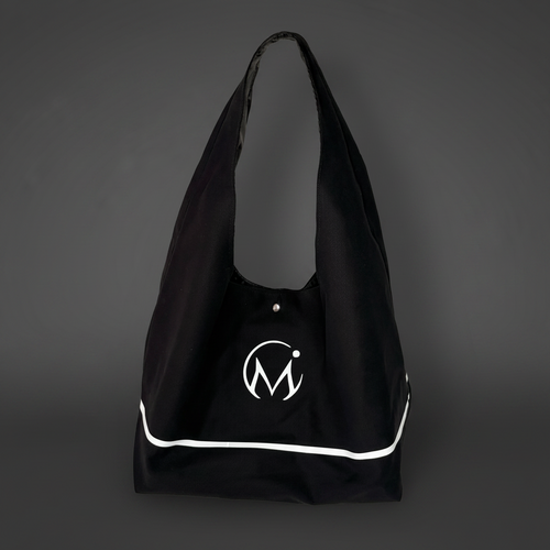Black tote bag with a white logo on a dark gray background